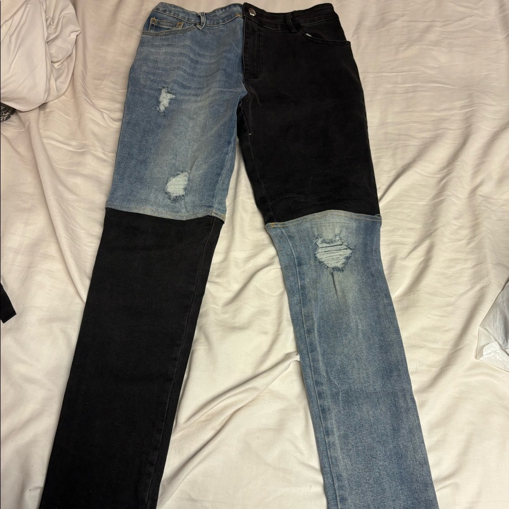 Black and blue two tone jeans